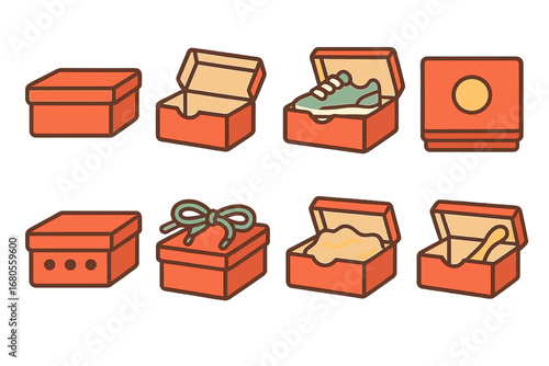 Colorful Sneaker Box Icons. Flat vector mini-illustrations sneaker boxes in colors children's illustrations: sneaker box closed,