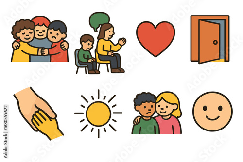 Children's Support Icons. Flat vector mini-illustrations suffering and support in colors children's illustrations: group hug,