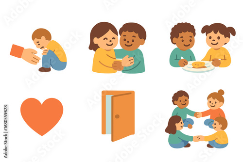 Children's Support Icons. Flat vector mini-illustrations failure and support in colors children's illustrations: helping hand,