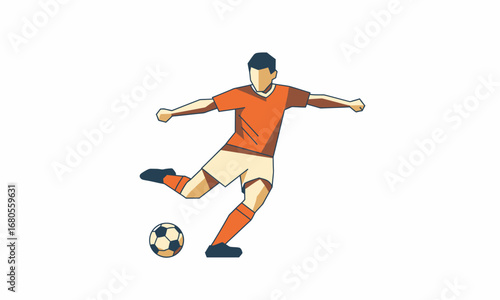 Stylized illustration of a male soccer player in an orange jersey and shorts kicking a football.