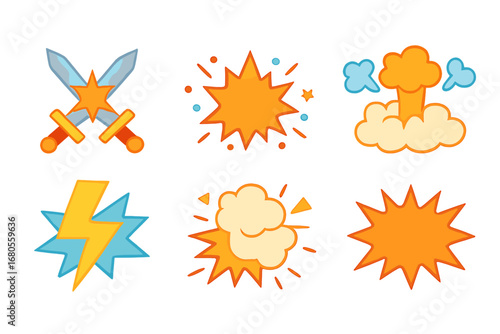 Colorful Sound Icons. Flat vector mini-illustrations battle sounds in colors children's illustrations: clash, bang, boom, zap,