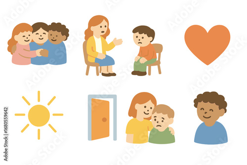Children's Support Icons. Flat vector mini-illustrations suffering and support in colors children's illustrations: group hug,