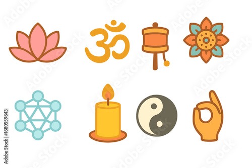 Colorful Spiritual Symbols. Flat vector mini-illustrations spirituality symbols in colors children's illustrations: lotus flower,
