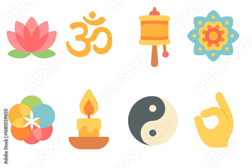 Colorful Spiritual Symbols. Flat vector mini-illustrations spirituality symbols in colors children's illustrations: lotus flower,