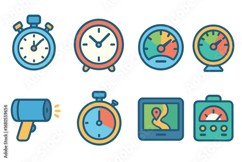 Wallpaper Mural Colorful Speed Icons. Flat vector mini-illustrations speed measurement in colors children's illustrations: stopwatch, clock, Torontodigital.ca