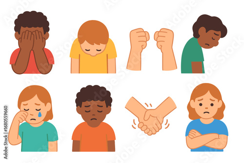 Children's Tragedy Gestures. Flat vector mini-illustrations tragedy gestures in colors children's illustrations: hands covering