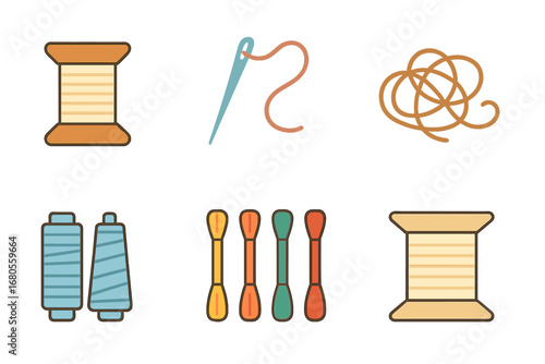 Colorful Thread Icons. Flat vector mini-illustrations thread in colors children's illustrations: spool of thread, needle with