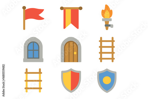 Children's Turret Accessories. Flat vector mini-illustrations turret accessories in colors children's illustrations: flags,