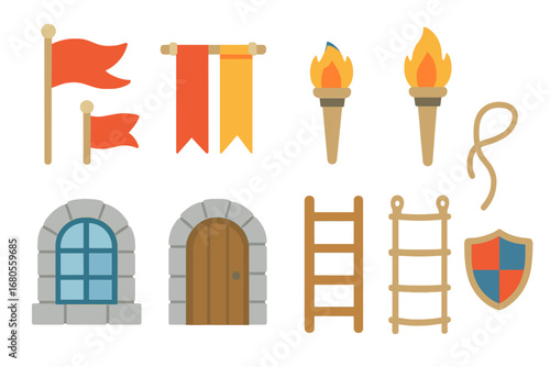 Children's Turret Accessories. Flat vector mini-illustrations turret accessories in colors children's illustrations: flags,