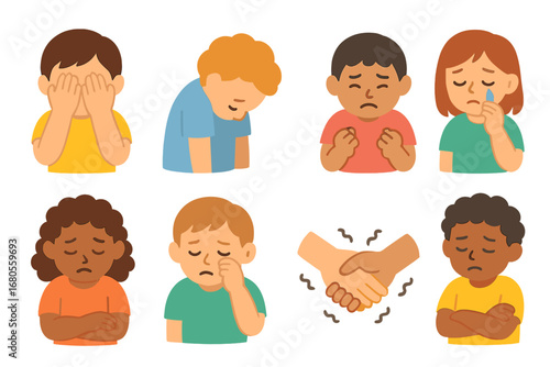 Children's Tragedy Gestures. Flat vector mini-illustrations tragedy gestures in colors children's illustrations: hands covering