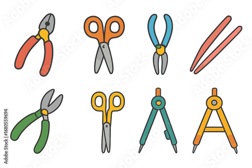 Colorful Tool Pairs Grid. Flat vector mini-illustrations tool pairs in colors children's illustrations: pair of pliers, pair of