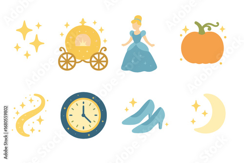 Cinderella's Enchanted Icons. Flat vector mini-illustrations Cinderella’s magical night in colors children's illustrations: