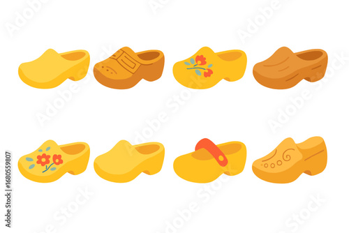 Colorful Wooden Clogs. Flat vector mini-illustrations wooden shoe in colors children's illustrations: traditional Dutch clogs,