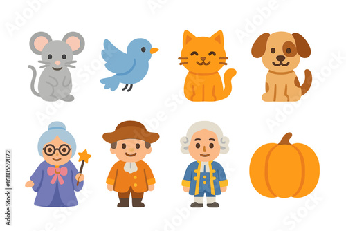 Cinderella's Magical Helpers. Flat vector mini-illustrations Cinderella’s helpers in colors children's illustrations: mice, birds,