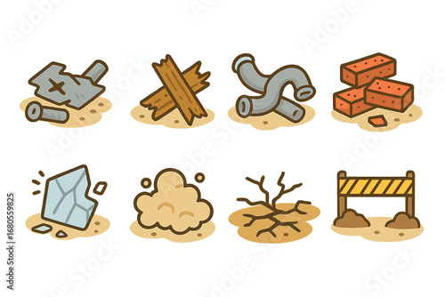 Colorful Wreckage Icons. Flat vector mini-illustrations wreckage in colors children's illustrations: scattered metal, broken wood,