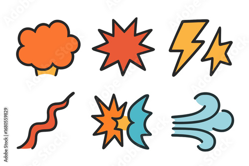 Comic Action Symbols. Flat vector mini-illustrations comic action symbols in colors children's illustrations: boom explosion, pow