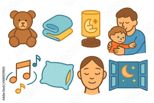Comforting Nighttime Icons. Flat vector mini-illustrations nightmare and comfort in colors children's illustrations: teddy bear,