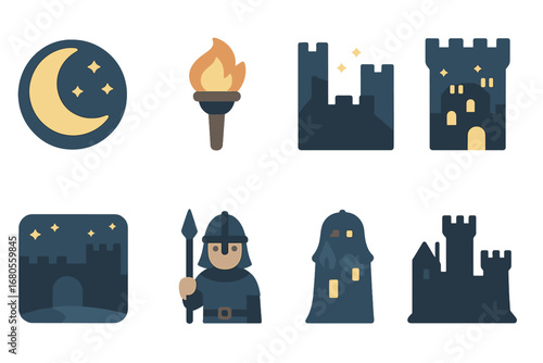 Citadel Nighttime Icons. Flat vector mini-illustrations citadel nighttime in colors children's illustrations: moonlight, torch