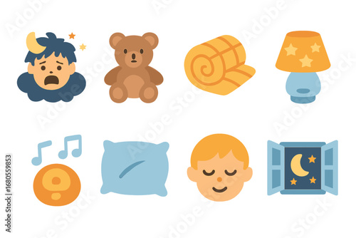 Comforting Nighttime Icons. Flat vector mini-illustrations nightmare and comfort in colors children's illustrations: teddy bear,