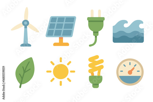 Clean Energy Icons. Flat vector mini-illustrations clean energy in colors children's illustrations: windmill, solar battery,