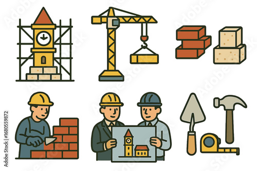 Clock Tower Construction Icons. Flat vector mini-illustrations clock tower construction in colors children's illustrations: