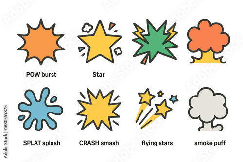 Comic Effect Icons. Flat vector mini-illustrations comic conflict effects in colors children's illustrations: POW burst, BAM star,