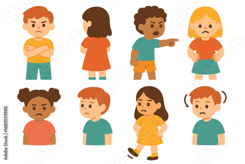 Conflict Body Language Icons. Flat vector mini-illustrations conflict body language in colors children's illustrations: crossed