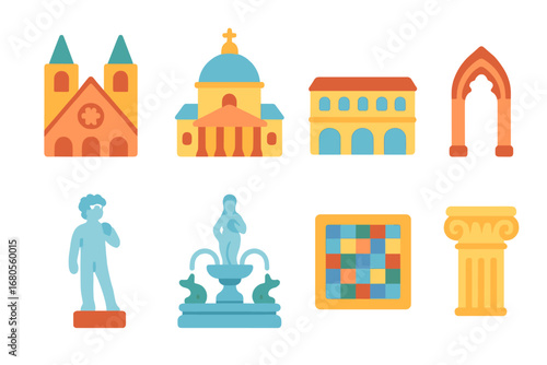 Colorful Architectural Icons. Flat vector mini-illustrations architectural monuments in colors children's illustrations: cathedral