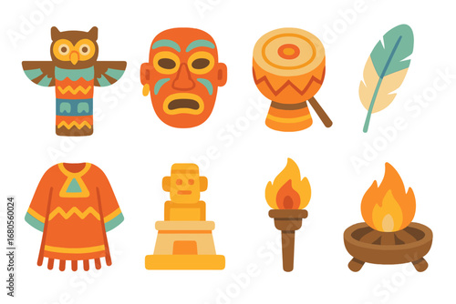 Cultural Icon Illustrations. Flat vector mini-illustrations reverence in culture in colors children's illustrations: totem pole,