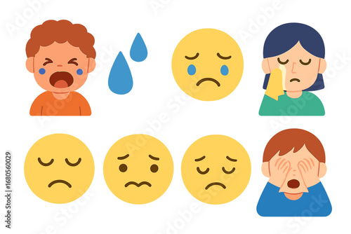 Crying Child Icons. Flat vector mini-illustrations crying emotions in colors children's illustrations: crying child, teardrops,