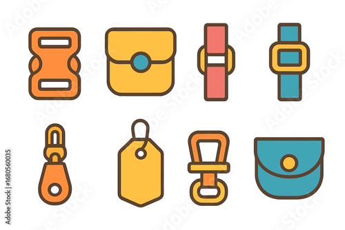 Colorful Bag Buckles. Flat vector mini-illustrations bag buckles in colors children's illustrations: backpack buckle, messenger