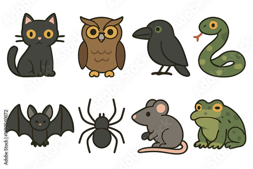 Cursed Animal Icons. Flat vector mini-illustrations cursed animals in colors children's illustrations: black cat, owl, crow, snake
