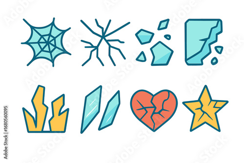 Colorful Broken Glass Icons. Flat vector mini-illustrations broken glass effects in colors children's illustrations: spiderweb