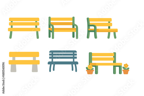 Colorful Bench Icons. Flat vector mini-illustrations outdoor benches in colors children's illustrations: park bench, garden bench,