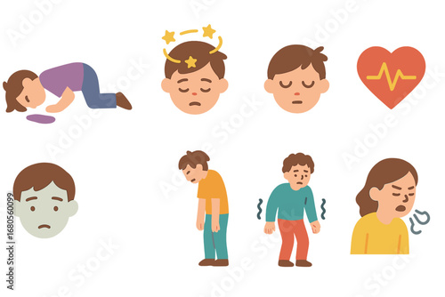 Daily Challenges & Effects. Flat vector mini-illustrations addiction daily routine challenges in colors children's illustrations: