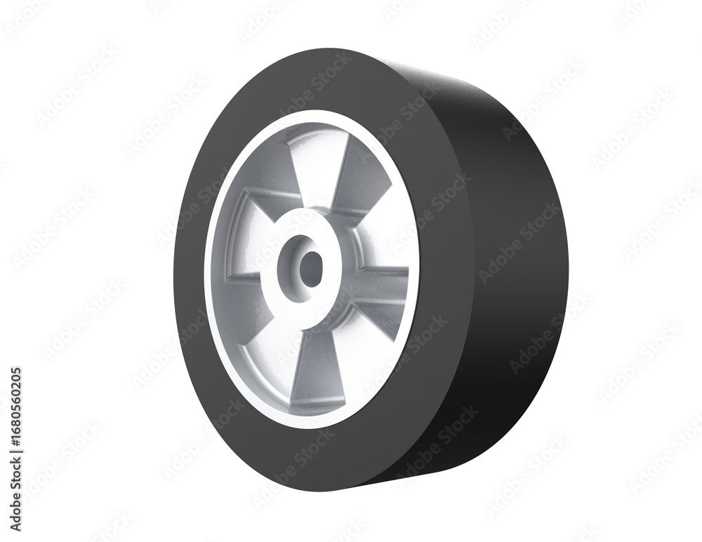 Fototapeta premium Isolated Heavy Duty Rubber Wheel and Silver Hub for Hand Pallet Jack, Jack Pump, Jigger, Forklift. High-Res 3D Render Spare Part. Essential Industrial Equipment Component on Transparent PNG Background