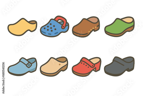 Colorful Clog Icons. Flat vector mini-illustrations clog types in colors children's illustrations: wooden clog, rubber clog,