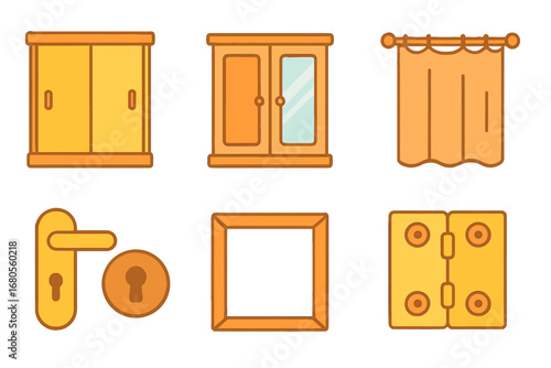 Colorful Closet Doors. Flat vector mini-illustrations closet doors in colors children's illustrations: sliding door, hinged door,