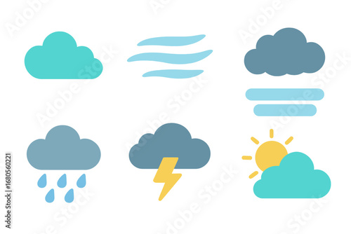 Colorful Cloud Icons. Flat vector mini-illustrations clouds in colors children's illustrations: cumulus cloud, cirrus cloud, storm