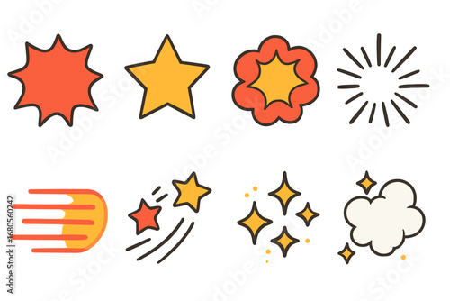 Colorful Comic Burst Icons. Flat vector mini-illustrations cartoon flash in colors children's illustrations: comic burst, POW star