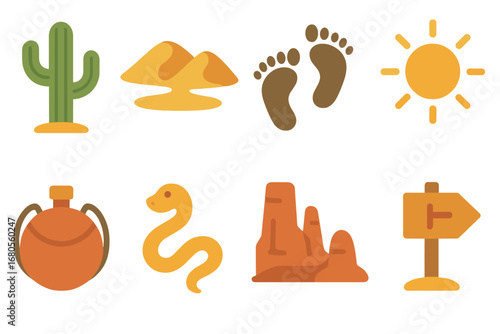 Desert Adventure Icons. Flat vector mini-illustrations desert trail in colors children's illustrations: cactus, sand dunes,