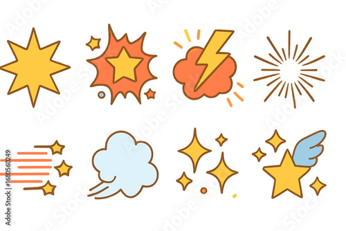 Colorful Comic Burst Icons. Flat vector mini-illustrations cartoon flash in colors children's illustrations: comic burst, POW star