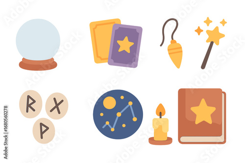 Destiny Tools for Children. Flat vector mini-illustrations fate and destiny tools in colors children's illustrations: crystal ball
