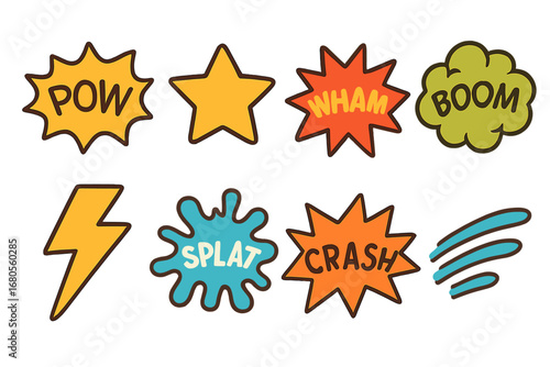 Colorful Comic Sounds. Flat vector mini-illustrations cartoon noises in colors children's illustrations: POW burst, BAM star, WHAM