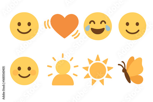 Colorful Emotion Icons. Flat vector mini-illustrations ripple in emotions in colors children's illustrations: smiling face, heart