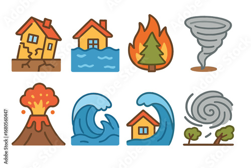 Disaster Icons Grid. Flat vector mini-illustrations disaster types in colors children's illustrations: earthquake, flood, wildfire