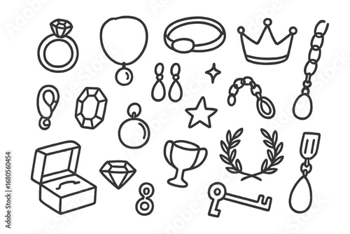 Doodle Jewelry Icons. Hand-drawn doodle illustration platinum jewelry ring, necklace, bracelet, earrings, crown, clasp, gemstone,