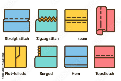 Colorful Fabric Seam Illustrations. Flat vector mini-illustrations fabric seams in colors children's illustrations: straight