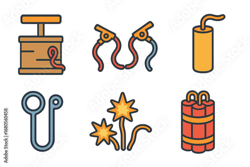Colorful Detonator Icons. Flat vector mini-illustrations traditional detonators in colors children's illustrations: plunger handle