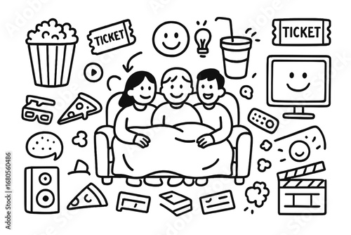 Doodle Communication & Movie Night. Hand-drawn doodle illustration group conversation multiple people icons, speech bubbles,